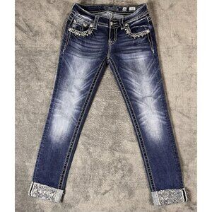 Miss Me Signature Cuffed Skinny Embellished Beaded Crop Denim Blue Jeans Sz 26